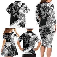 Gray Scale Hibiscus Plumeria Floral Family Matching Long Sleeve Bodycon Dress and Hawaiian Shirt LT01 - Polynesian Pride