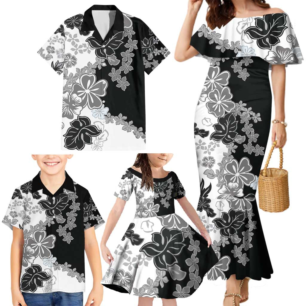 Gray Scale Hibiscus Plumeria Floral Family Matching Mermaid Dress and Hawaiian Shirt LT01 - Polynesian Pride