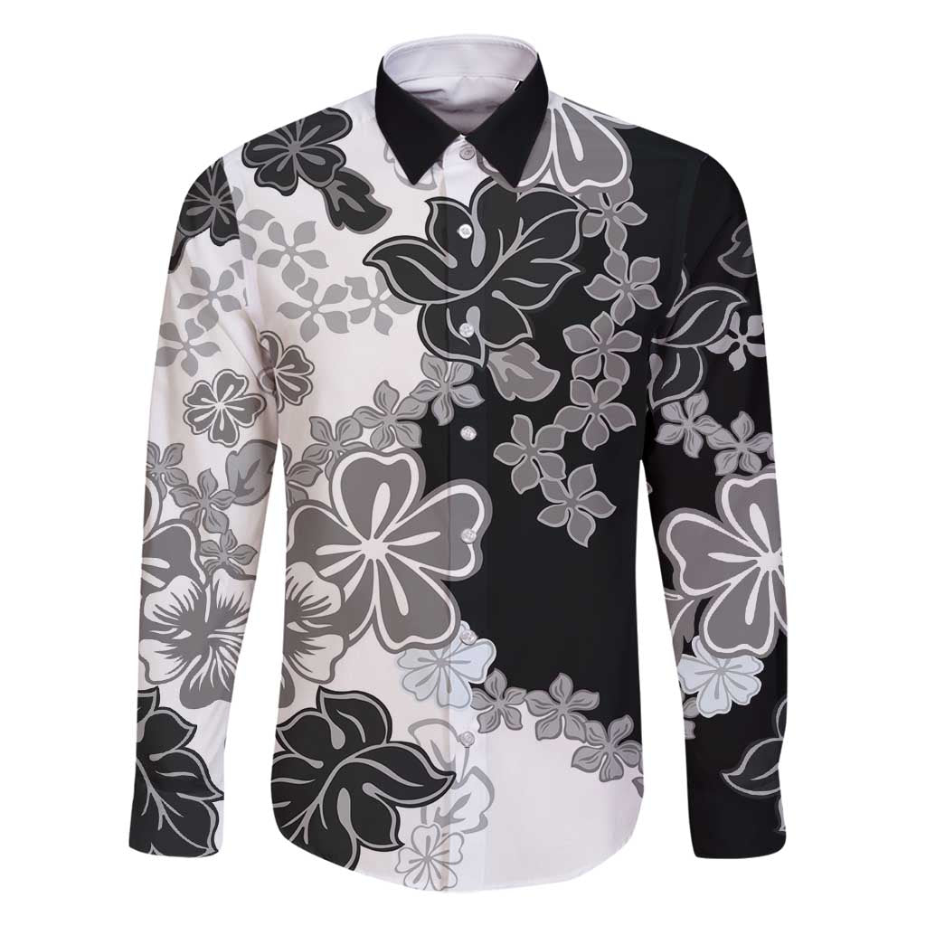 Gray Scale Hibiscus Plumeria Floral Family Matching Mermaid Dress and Hawaiian Shirt LT01 Dad's Shirt - Long Sleeve Black - Polynesian Pride
