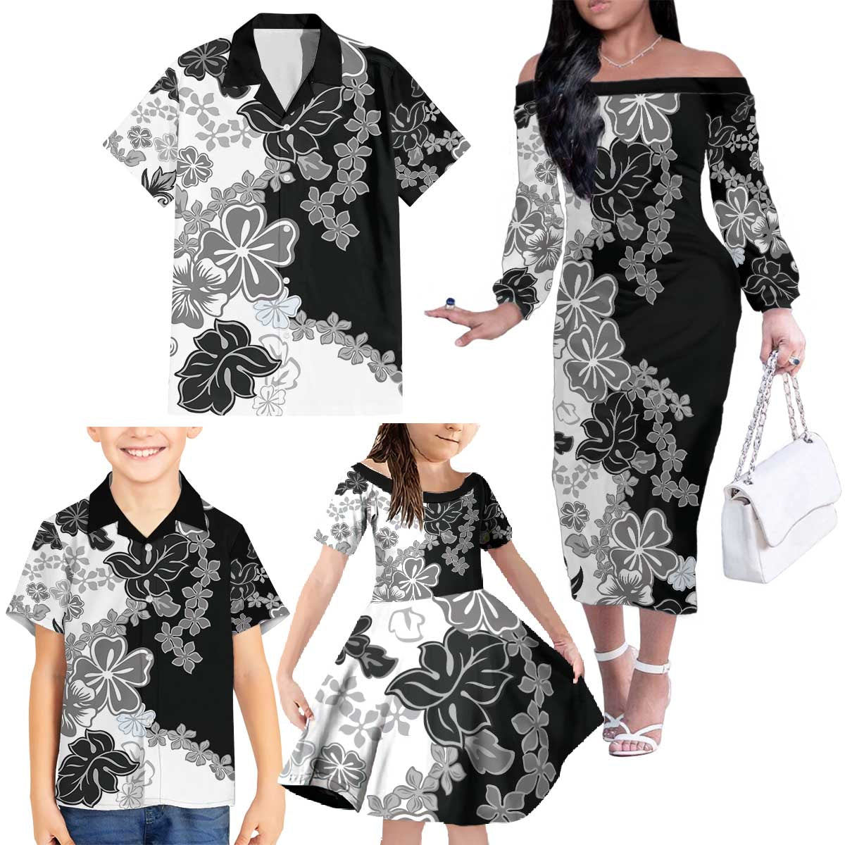 Gray Scale Hibiscus Plumeria Floral Family Matching Off The Shoulder Long Sleeve Dress and Hawaiian Shirt LT01 - Polynesian Pride
