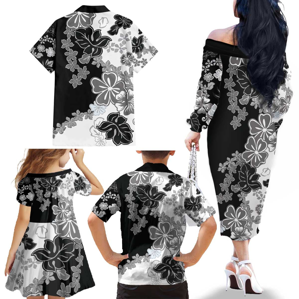 Gray Scale Hibiscus Plumeria Floral Family Matching Off The Shoulder Long Sleeve Dress and Hawaiian Shirt LT01 - Polynesian Pride
