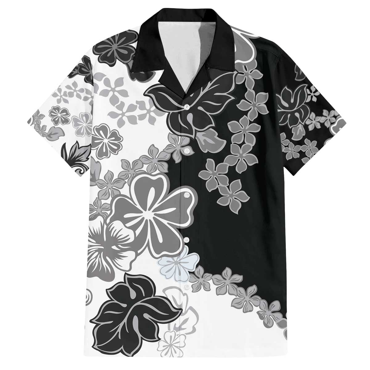 Gray Scale Hibiscus Plumeria Floral Family Matching Off The Shoulder Long Sleeve Dress and Hawaiian Shirt LT01 Dad's Shirt - Short Sleeve Black - Polynesian Pride