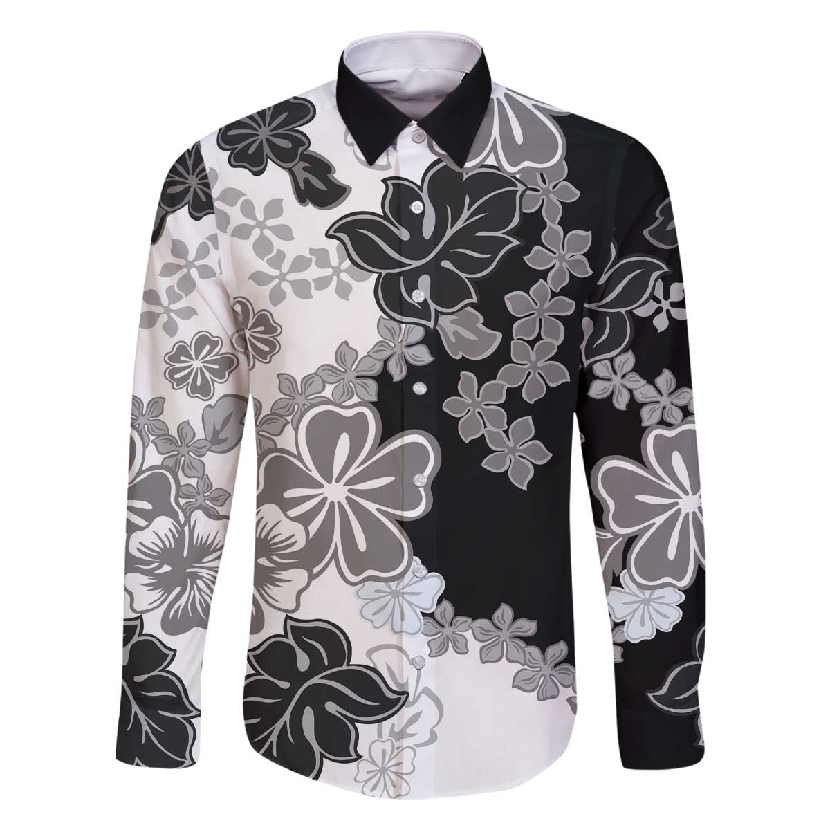 Gray Scale Hibiscus Plumeria Floral Family Matching Off The Shoulder Long Sleeve Dress and Hawaiian Shirt LT01 Dad's Shirt - Long Sleeve Black - Polynesian Pride
