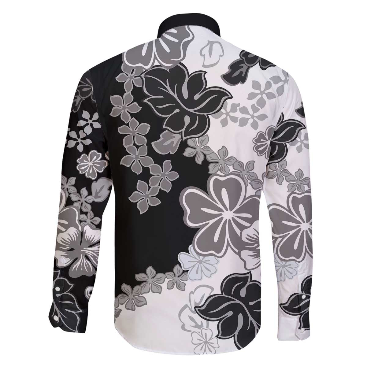 Gray Scale Hibiscus Plumeria Floral Family Matching Off The Shoulder Long Sleeve Dress and Hawaiian Shirt LT01 - Polynesian Pride