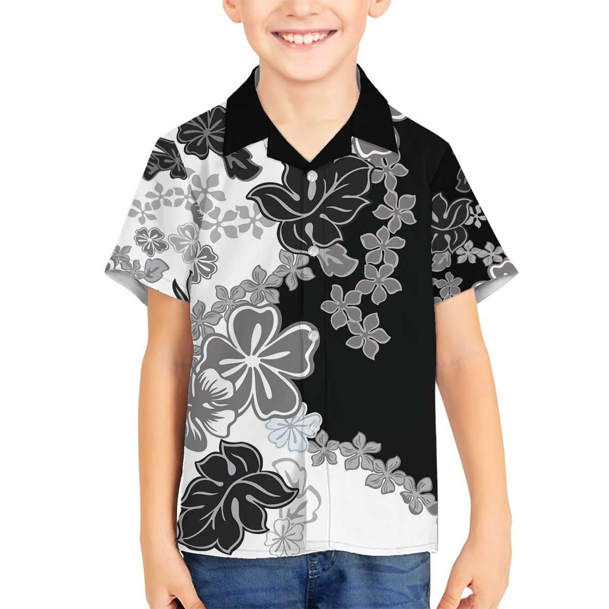 Gray Scale Hibiscus Plumeria Floral Family Matching Off The Shoulder Long Sleeve Dress and Hawaiian Shirt LT01 Son's Shirt Black - Polynesian Pride
