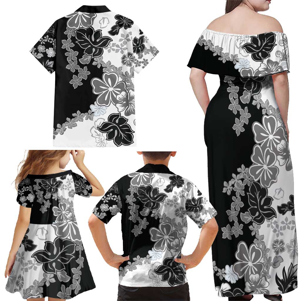Gray Scale Hibiscus Plumeria Floral Family Matching Off Shoulder Maxi Dress and Hawaiian Shirt LT01 - Polynesian Pride