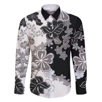 Gray Scale Hibiscus Plumeria Floral Family Matching Off Shoulder Maxi Dress and Hawaiian Shirt LT01 Dad's Shirt - Long Sleeve Black - Polynesian Pride