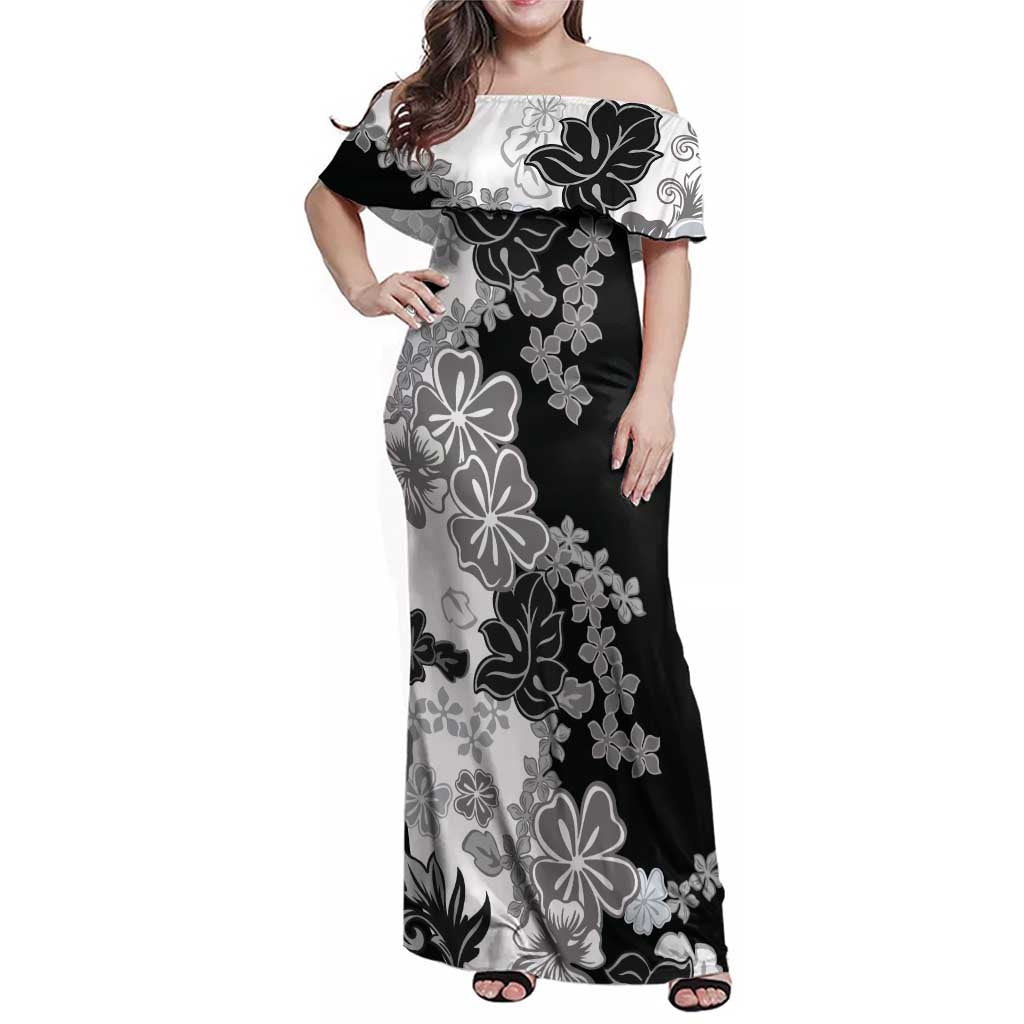 Gray Scale Hibiscus Plumeria Floral Family Matching Off Shoulder Maxi Dress and Hawaiian Shirt LT01 Mom's Dress Black - Polynesian Pride