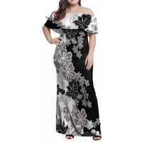 Gray Scale Hibiscus Plumeria Floral Family Matching Off Shoulder Maxi Dress and Hawaiian Shirt LT01 Mom's Dress Black - Polynesian Pride