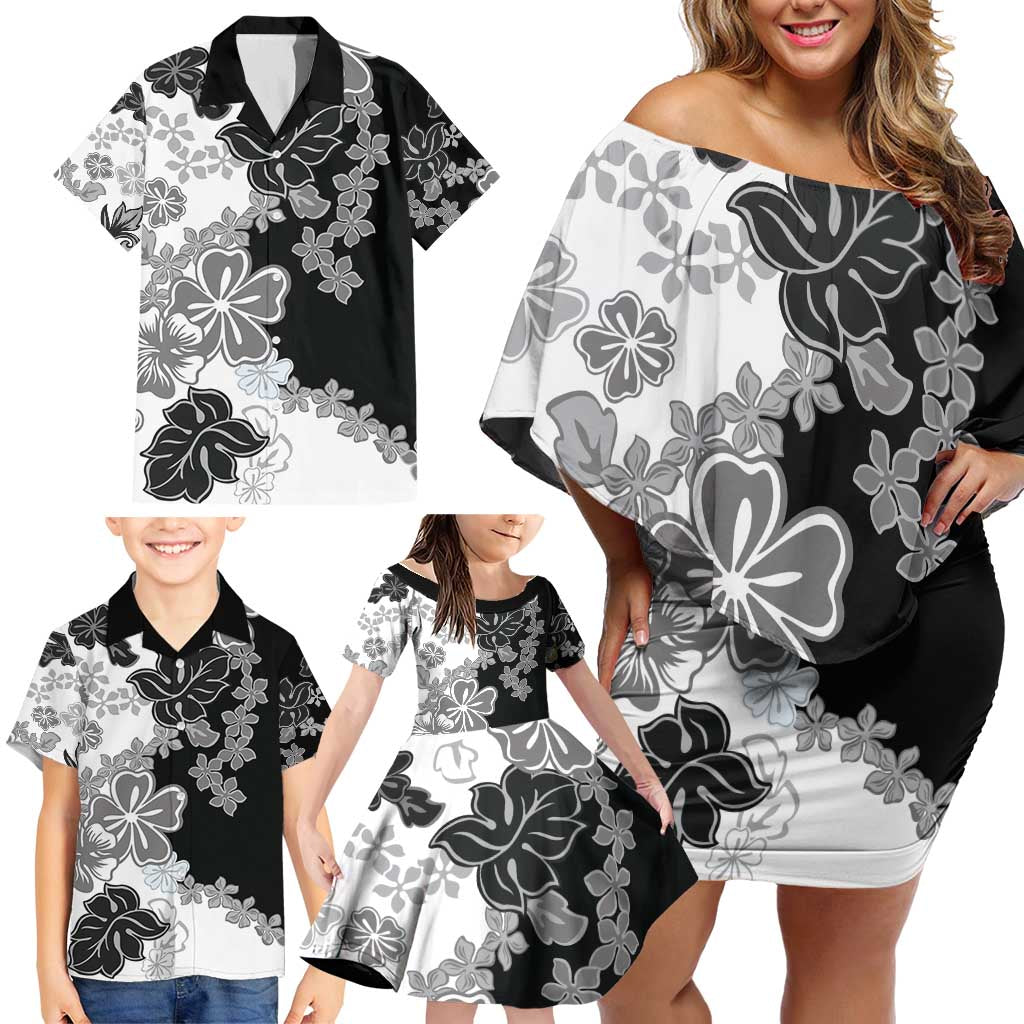 Gray Scale Hibiscus Plumeria Floral Family Matching Off Shoulder Short Dress and Hawaiian Shirt LT01 - Polynesian Pride