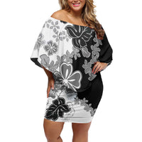 Gray Scale Hibiscus Plumeria Floral Family Matching Off Shoulder Short Dress and Hawaiian Shirt LT01 Mom's Dress Black - Polynesian Pride