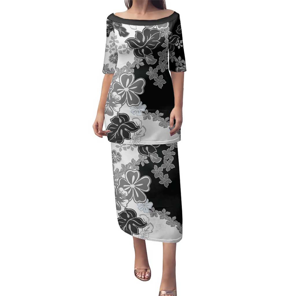 Gray Scale Hibiscus Plumeria Floral Family Matching Puletasi and Hawaiian Shirt LT01 Mom's Dress Black - Polynesian Pride