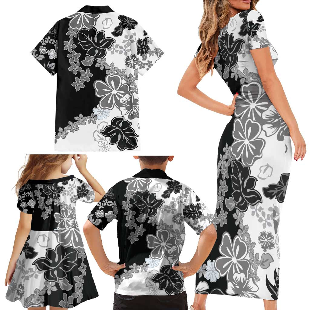Gray Scale Hibiscus Plumeria Floral Family Matching Short Sleeve Bodycon Dress and Hawaiian Shirt LT01 - Polynesian Pride