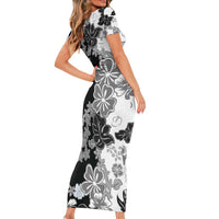 Gray Scale Hibiscus Plumeria Floral Family Matching Short Sleeve Bodycon Dress and Hawaiian Shirt LT01 - Polynesian Pride