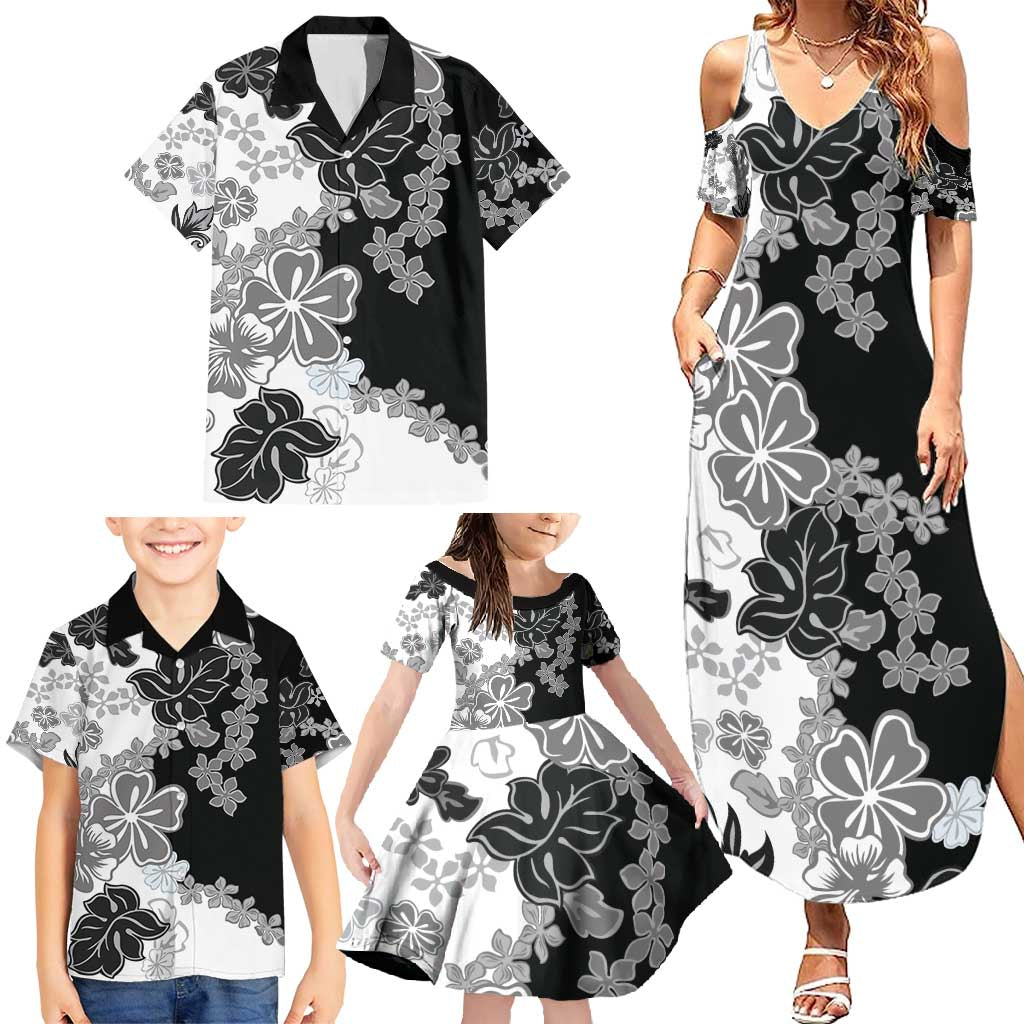 Gray Scale Hibiscus Plumeria Floral Family Matching Summer Maxi Dress and Hawaiian Shirt LT01 - Polynesian Pride
