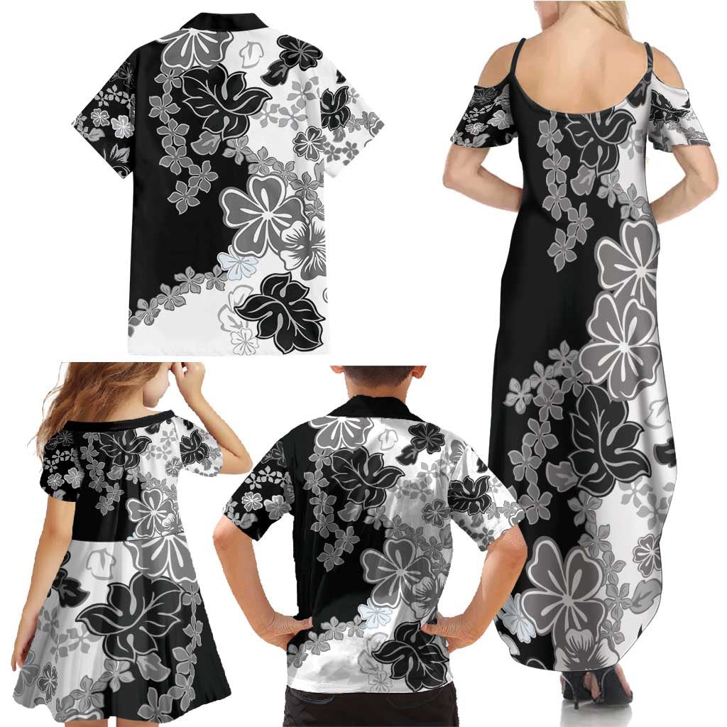 Gray Scale Hibiscus Plumeria Floral Family Matching Summer Maxi Dress and Hawaiian Shirt LT01 - Polynesian Pride