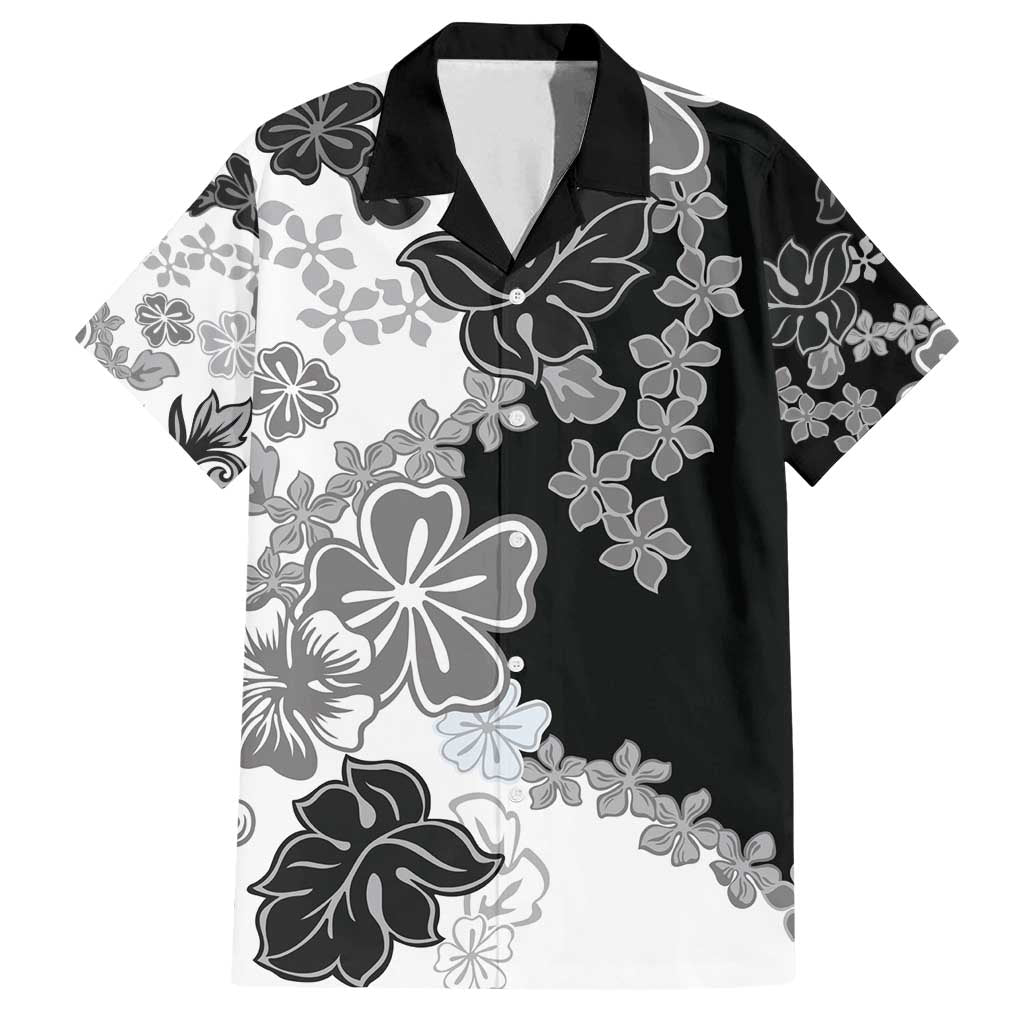 Gray Scale Hibiscus Plumeria Floral Family Matching Summer Maxi Dress and Hawaiian Shirt LT01 Dad's Shirt - Short Sleeve Black - Polynesian Pride
