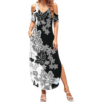 Gray Scale Hibiscus Plumeria Floral Family Matching Summer Maxi Dress and Hawaiian Shirt LT01 Mom's Dress Black - Polynesian Pride