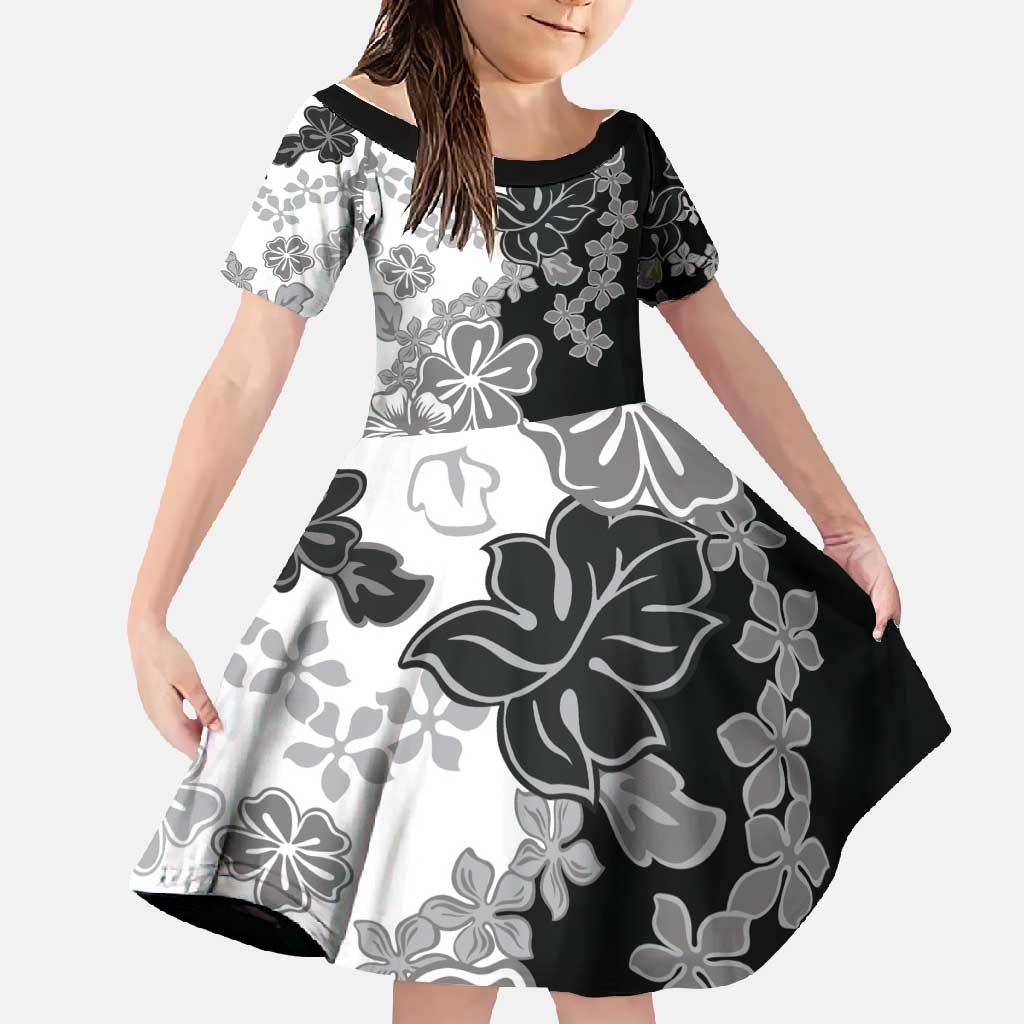 Gray Scale Hibiscus Plumeria Floral Family Matching Tank Maxi Dress and Hawaiian Shirt LT01 Daughter's Dress Black - Polynesian Pride