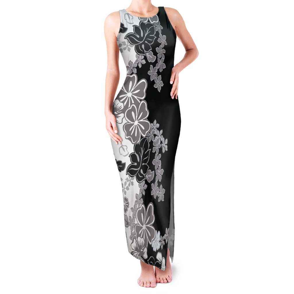 Gray Scale Hibiscus Plumeria Floral Family Matching Tank Maxi Dress and Hawaiian Shirt LT01 Mom's Dress Black - Polynesian Pride