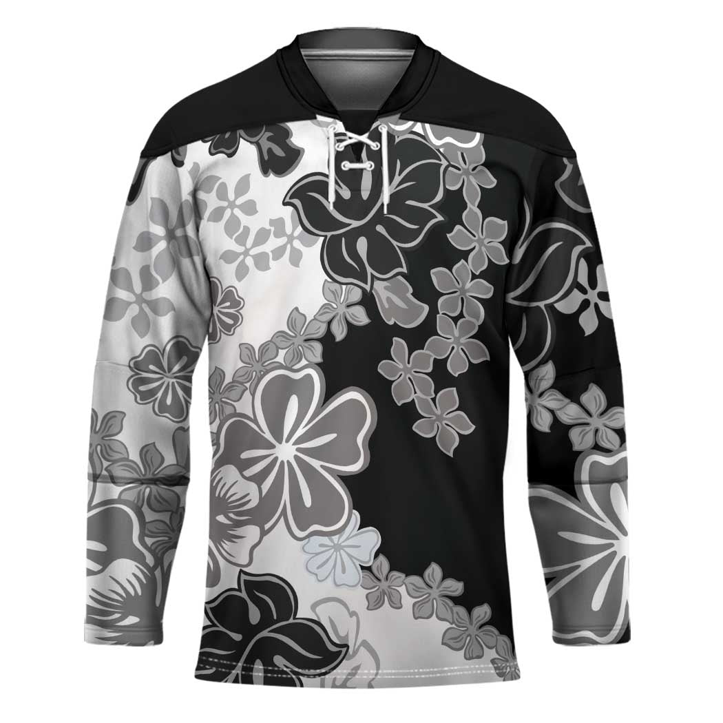 Gray Scale Hibiscus Plumeria Floral Hockey Jersey LT01 Unisex Black - Polynesian Pride