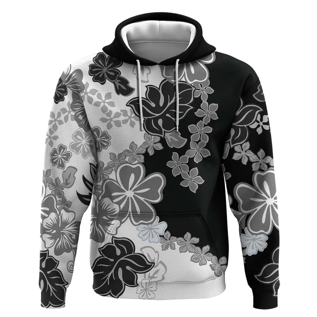 Gray Scale Hibiscus Plumeria Floral Hoodie LT01 Pullover Hoodie Black - Polynesian Pride