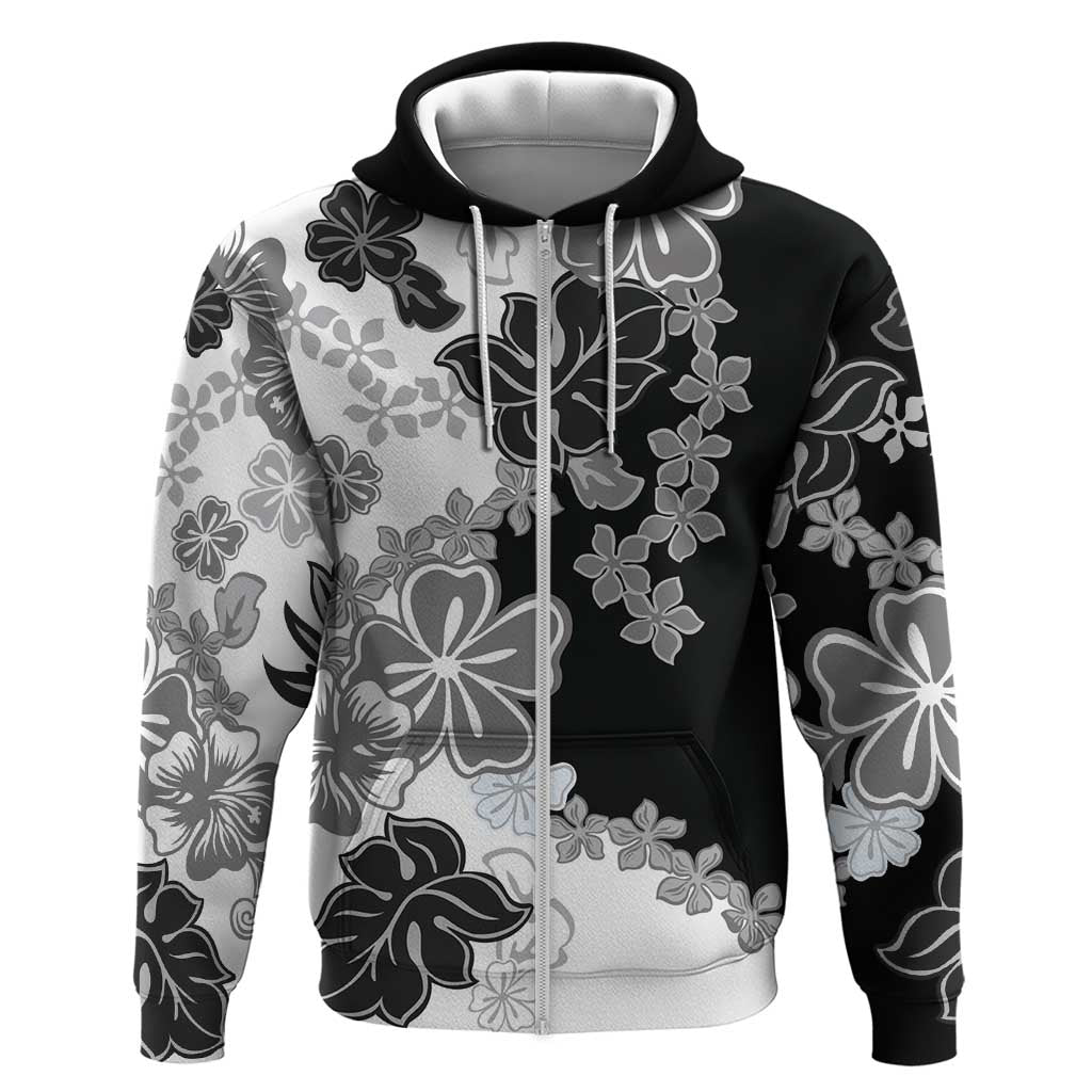 Gray Scale Hibiscus Plumeria Floral Hoodie LT01 Zip Hoodie Black - Polynesian Pride