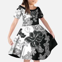 Gray Scale Hibiscus Plumeria Floral Kid Short Sleeve Dress LT01 KID Black - Polynesian Pride