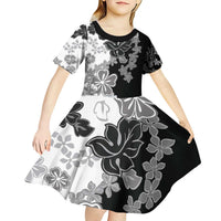 Gray Scale Hibiscus Plumeria Floral Kid Short Sleeve Dress LT01 - Polynesian Pride
