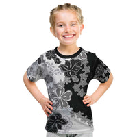 Gray Scale Hibiscus Plumeria Floral Kid T Shirt LT01 Black - Polynesian Pride