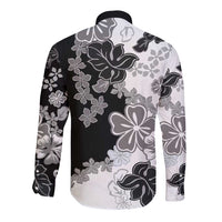 Gray Scale Hibiscus Plumeria Floral Long Sleeve Button Shirt - Polynesian Pride
