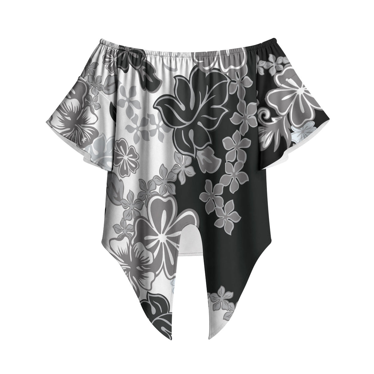 Gray Scale Hibiscus Plumeria Floral Off Shoulder Wrap Waist Top LT01 Black - Polynesian Pride