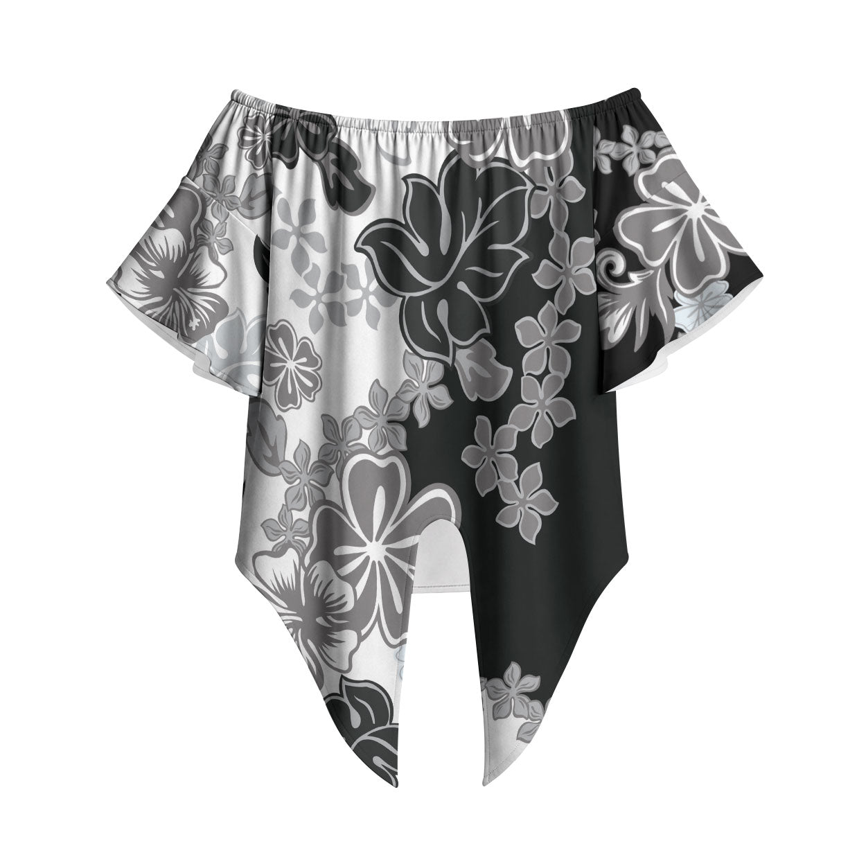 Gray Scale Hibiscus Plumeria Floral Off Shoulder Wrap Waist Top LT01 Black - Polynesian Pride