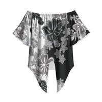 Gray Scale Hibiscus Plumeria Floral Off Shoulder Wrap Waist Top LT01 Black - Polynesian Pride