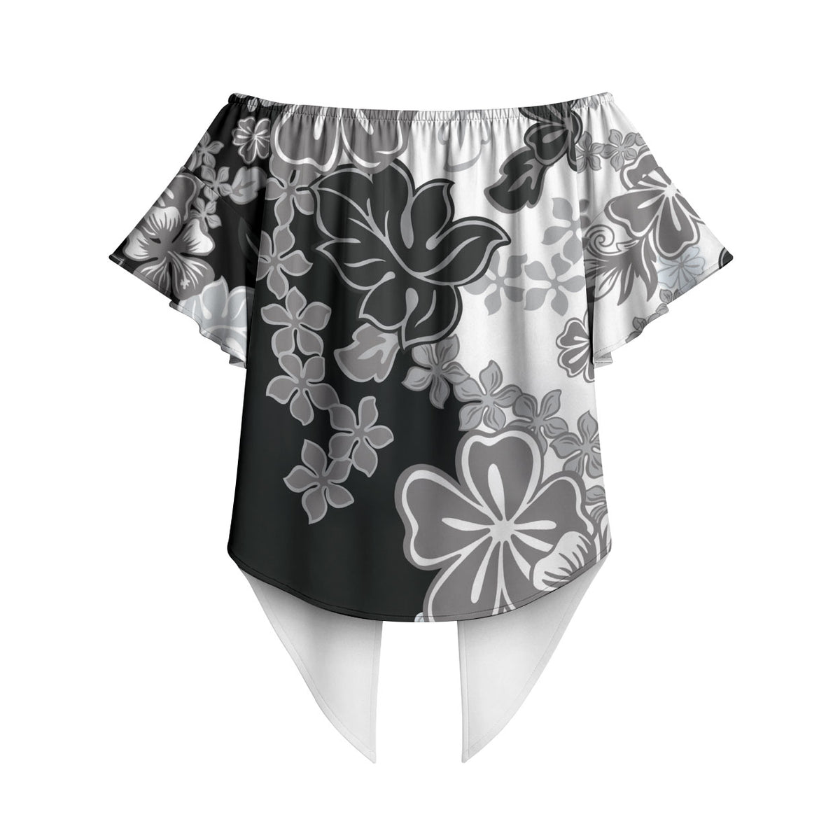 Gray Scale Hibiscus Plumeria Floral Off Shoulder Wrap Waist Top LT01 - Polynesian Pride