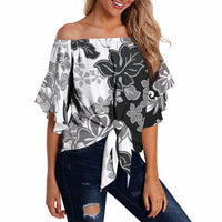Gray Scale Hibiscus Plumeria Floral Off Shoulder Wrap Waist Top LT01 - Polynesian Pride
