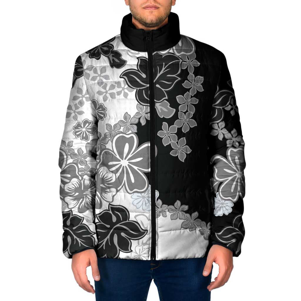 Gray Scale Hibiscus Plumeria Floral Padded Jacket - Polynesian Pride