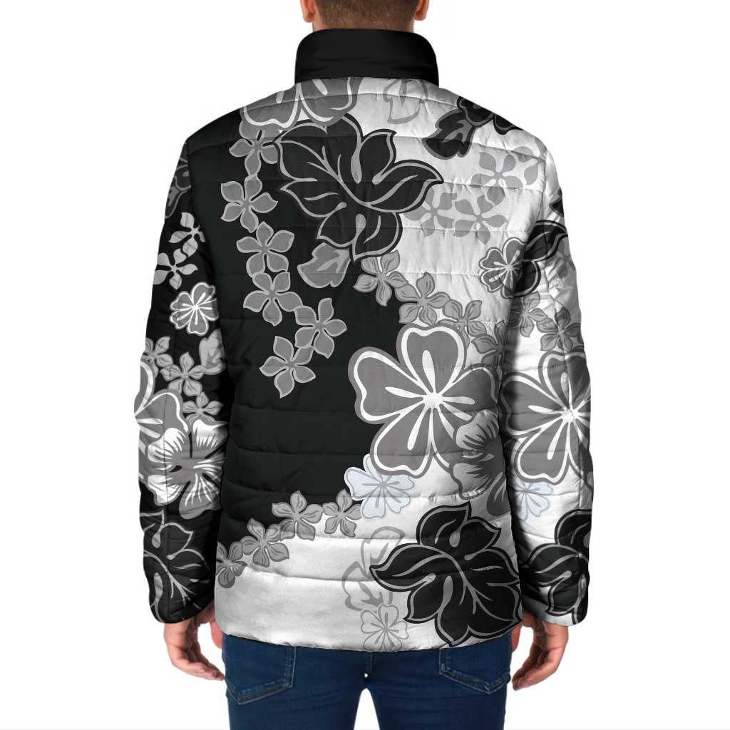 Gray Scale Hibiscus Plumeria Floral Padded Jacket - Polynesian Pride