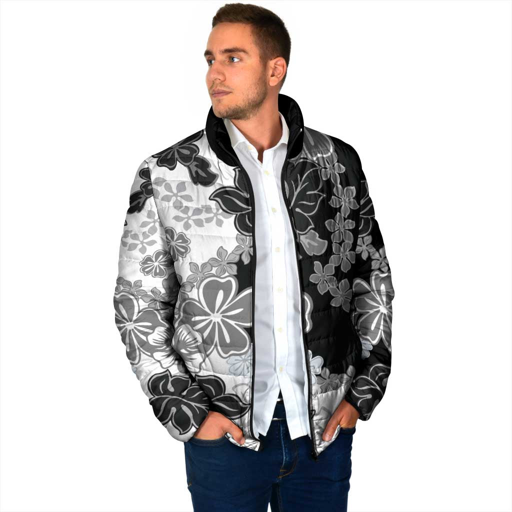 Gray Scale Hibiscus Plumeria Floral Padded Jacket - Polynesian Pride