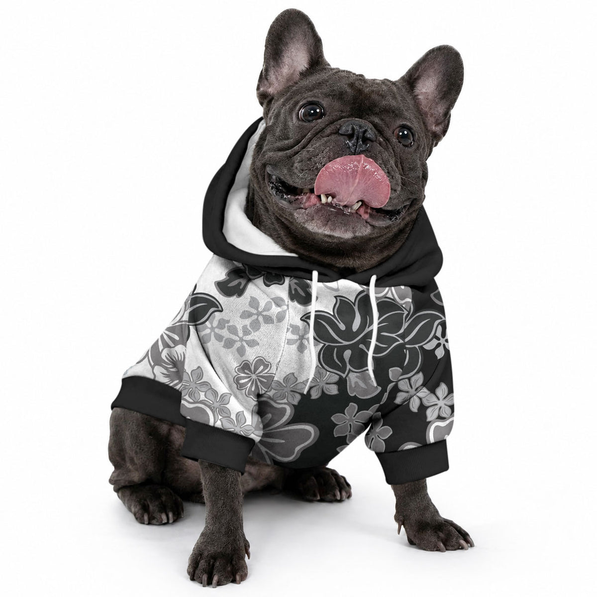 Gray Scale Hibiscus Plumeria Floral Pet Hoodie