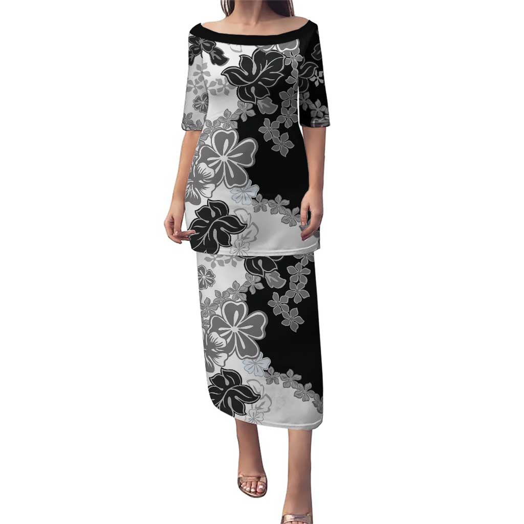 Gray Scale Hibiscus Plumeria Floral Puletasi - Polynesian Pride