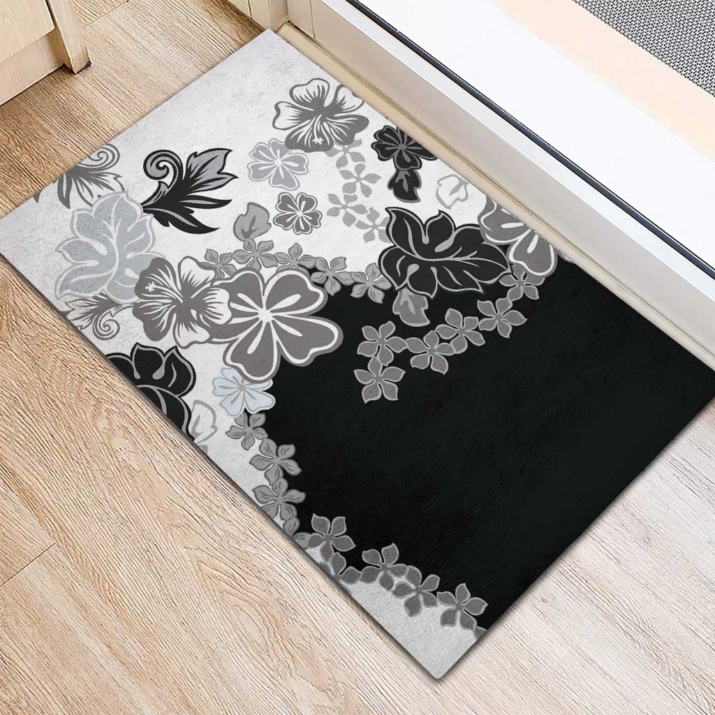 Gray Scale Hibiscus Plumeria Floral Rubber Doormat - Polynesian Pride