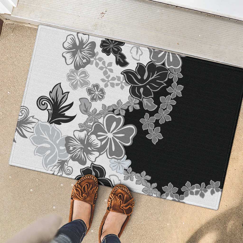 Gray Scale Hibiscus Plumeria Floral Rubber Doormat - Polynesian Pride