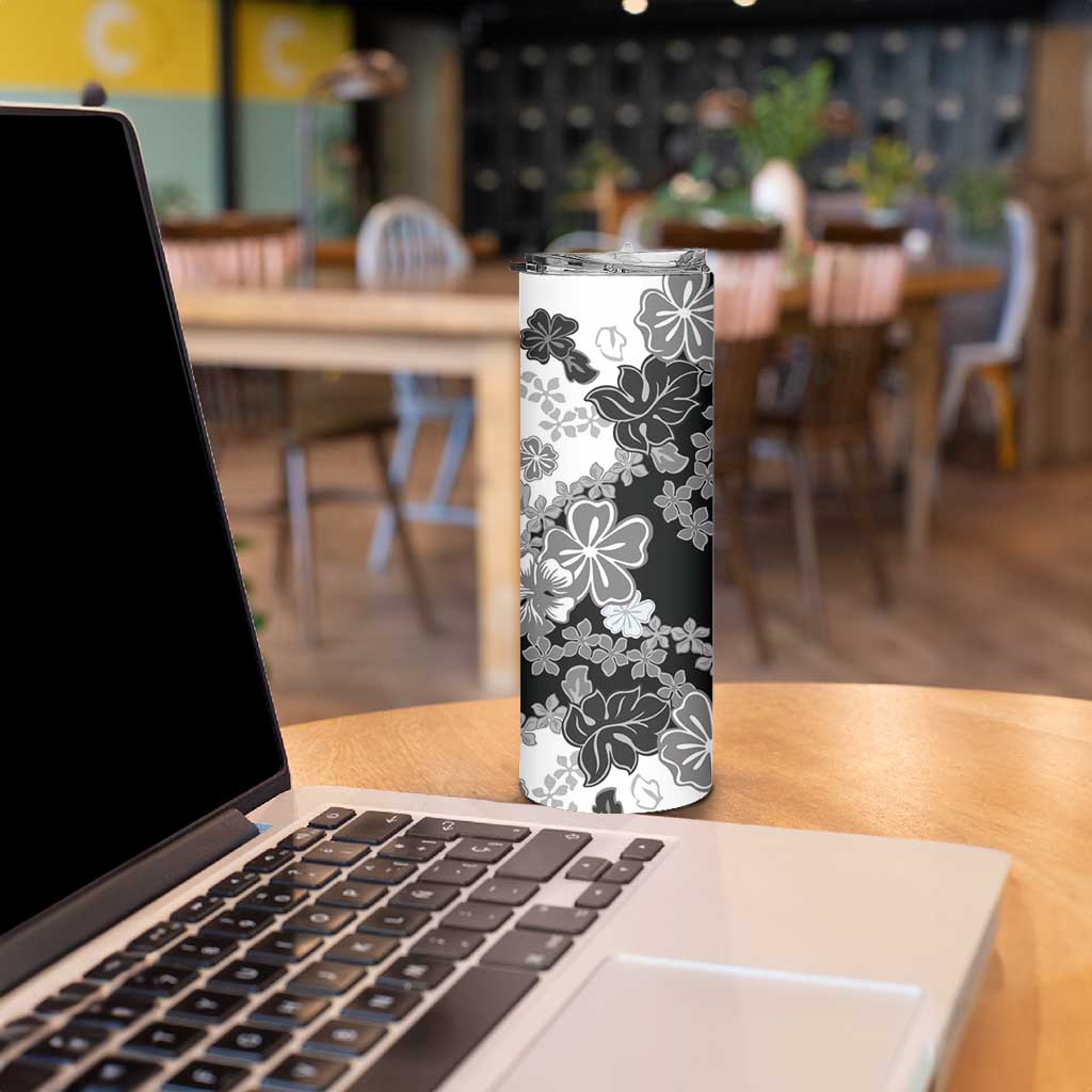 Gray Scale Hibiscus Plumeria Floral Skinny Tumbler - Polynesian Pride
