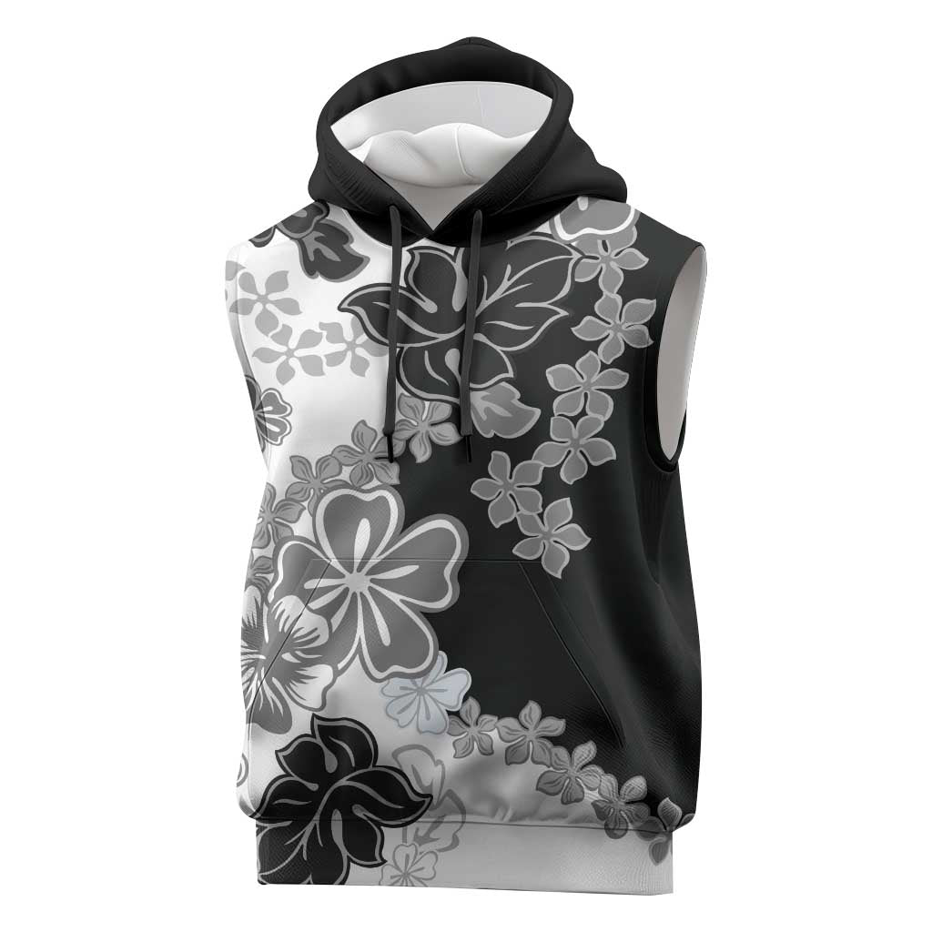 Gray Scale Hibiscus Plumeria Floral Sleeveless Hoodie - Polynesian Pride