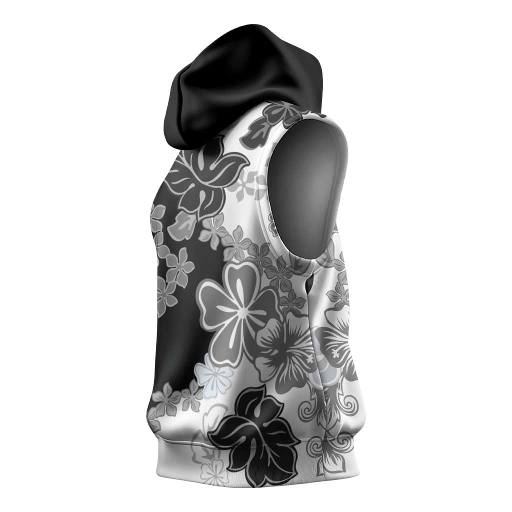 Gray Scale Hibiscus Plumeria Floral Sleeveless Hoodie - Polynesian Pride