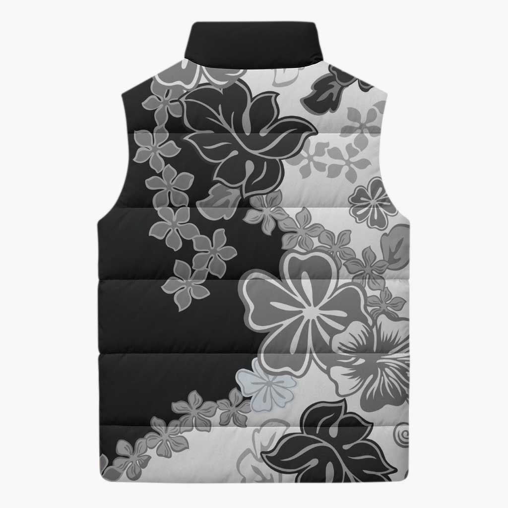 Gray Scale Hibiscus Plumeria Floral Sleeveless Puffer Jacket - Polynesian Pride