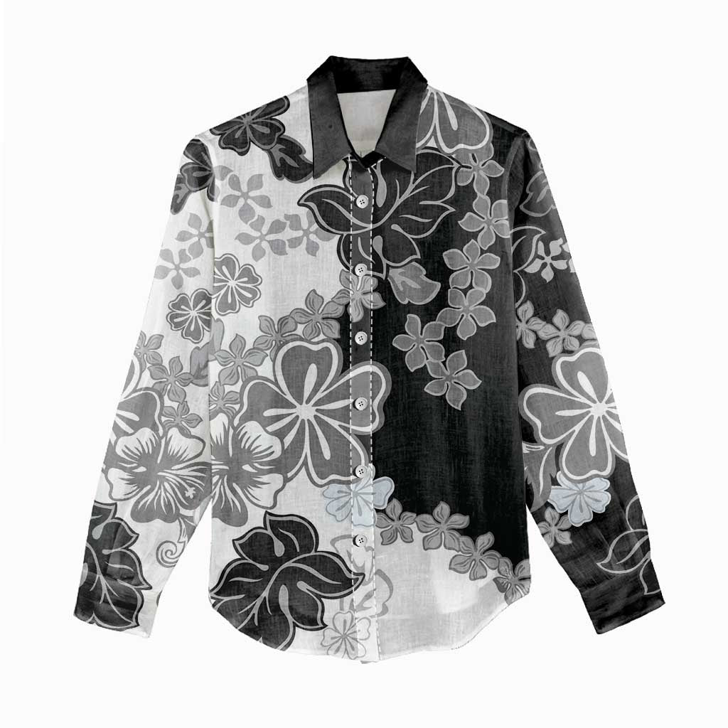 Gray Scale Hibiscus Plumeria Floral Women Casual Shirt - Polynesian Pride