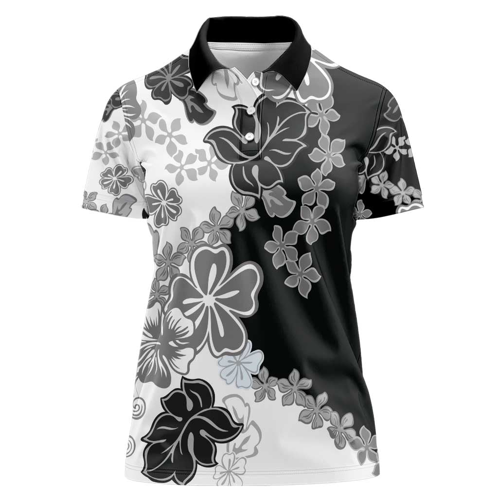 Gray Scale Hibiscus Plumeria Floral Women Polo Shirt - Polynesian Pride