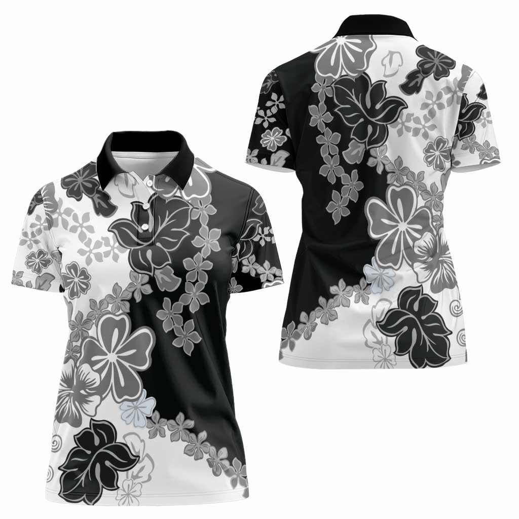 Gray Scale Hibiscus Plumeria Floral Women Polo Shirt - Polynesian Pride